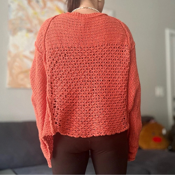 Free People V-Neck Crochet Boho Sweater - Burnt Orange - Size M - Picture 4 of 12